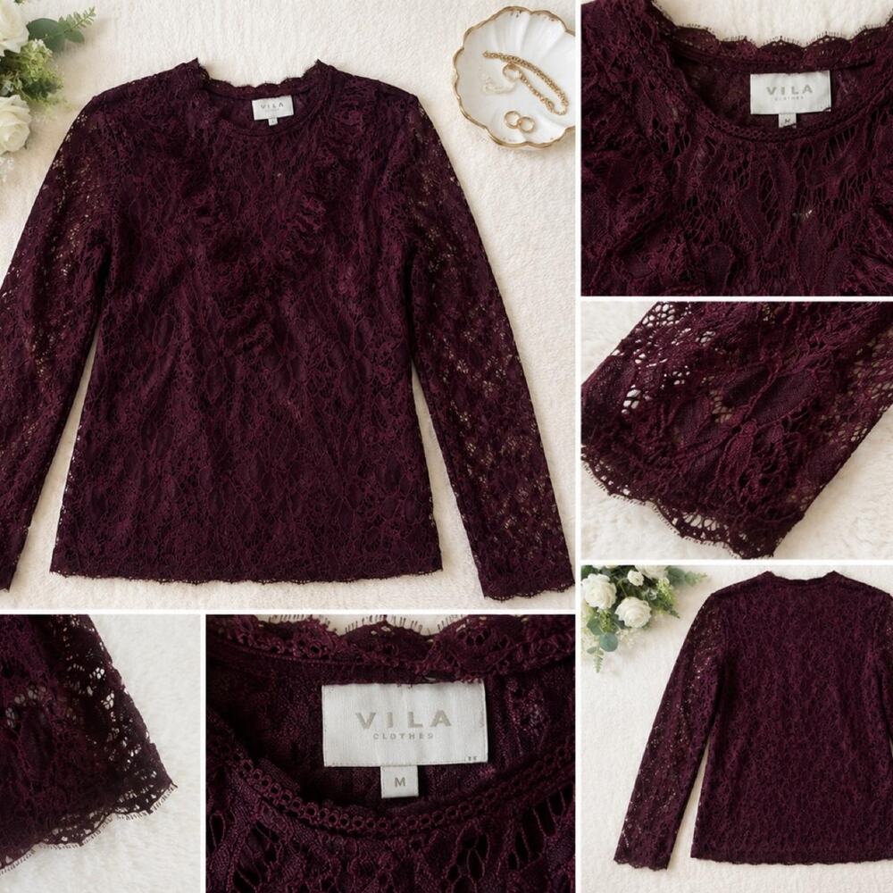 VILA burgundy wine lace blouse, size Medium.